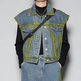 Bonsir Mens Vest Washed Contrast Color Denim Vest Summer Streetwear Casual Fashion Youth Campus Niche Tank Top Men'S Clothing 2025 New