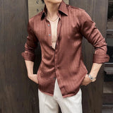 BONSIR  -  Luxury Men's Long Sleeved Silk Shirts Spring Wrinkles Design Striped Man Social Dress Shirt Elegant Party Prom Mens Clothing 4XL
