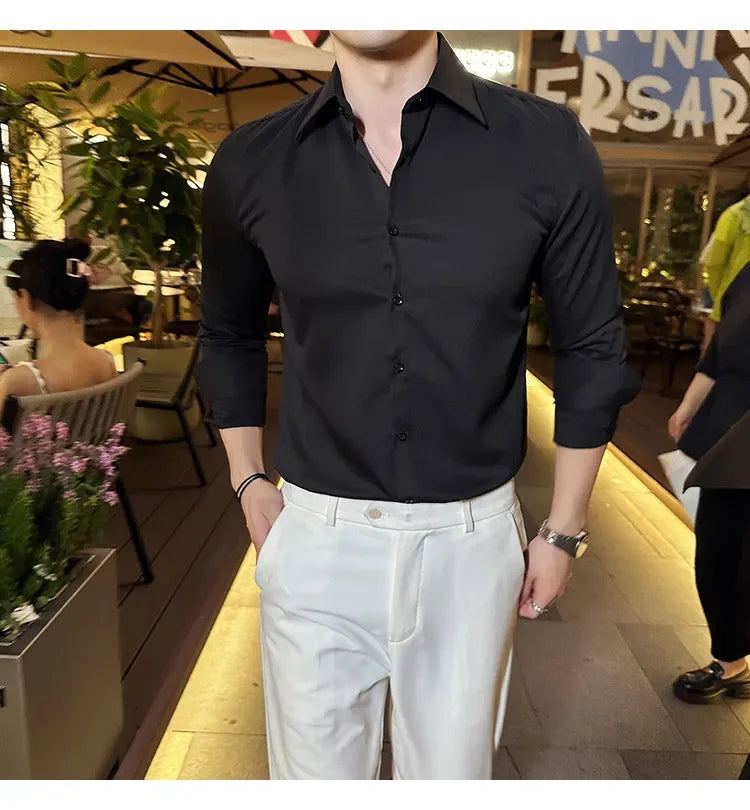 Bonsir Autumn New Fashion Lapel Shirt Men Long Sleeve Solid Color Casual Slim Fit Business Dress Shirts Social Party Men Clothing