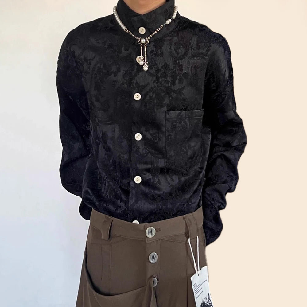 Bonsir Mens Chinese Jacquard Satin Long Sleeve Shirt 2024 New Genderless Autumn Winter Retro Loose Solid Color High Collar Shirt Unisex