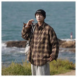 BONSIR  -  American retro plaid shirt men's autumn and winter thickened and fleece warm, trendy loose and casual long-sleeved shirt jacket