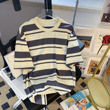 BONSIR  -  Casual Striped Men's T-shirt Japanese Retro Loose Male Short Sleeved T Shirt Summer Round Neck Casual Preppy Style Tee