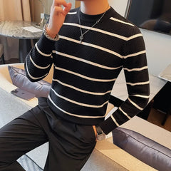 Bonsir Men High Quality Winter Basic Round Neck Sweaters Casual Soft Warm Long Sleeve Sweater Korean Knitted Stripe Pullover 4XL-M