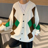 Bonsir Mens Sweater Diamond Plaid Contrast Color Casual Knit Tops Streetwear Campus Designer Couple Valentines Cardigan Unisex 2025 New