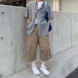 BONSIR  -  Summer Cotton Casual Pants Men Retro Cargo Pants Men Japanese Streetwear Hip-hop Loose Wide Leg Pants Men Cropped Trousers