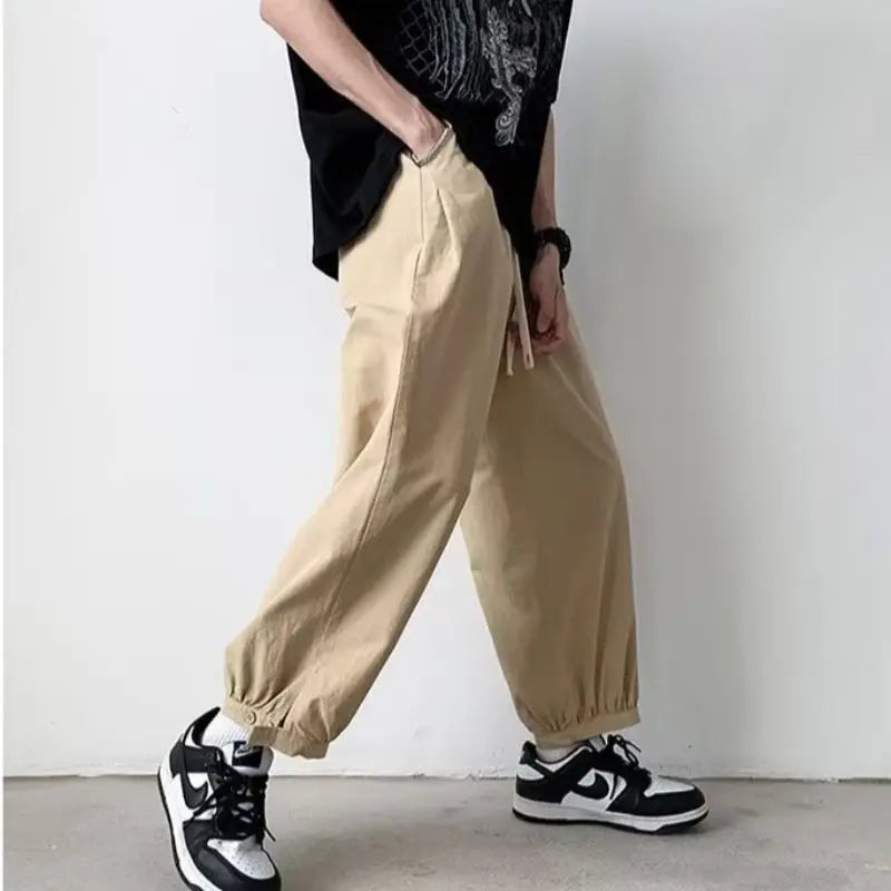 Bonsir Spring Summer Loose Japanese Casual Pants Solid Color Drawstring Fashion Slim Youth Men's Workwear Wide Leg Guard Pants