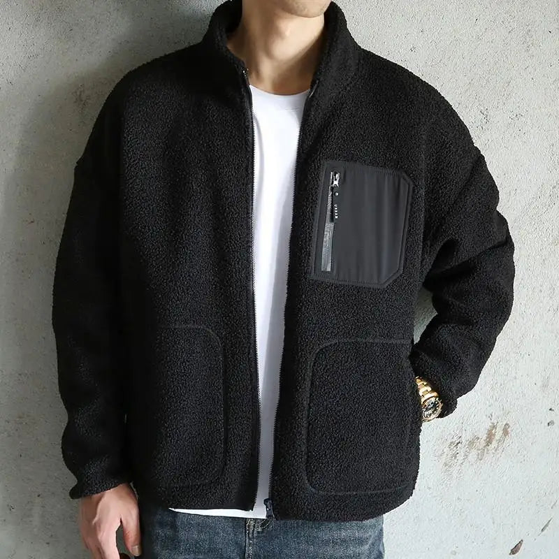 Bonsir Autumn and Winter Men's Lamb Fleece Coat with Thickened Fleece and Loose Collar Shake Fleece Versatile Cotton Coat Top