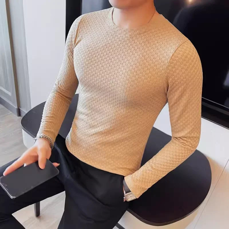 Bonsir Autumn Men's Long Sleeve T-shirt Korean Style Slim Fit Elastic Solid Color Pullover Trendy  Round Neck Versatile T-shirts