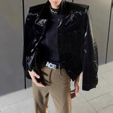 Bonsir Mens Pu Leather Jacket Shiny Shoulder Pad Leather Jacket Autumn Streetwear Biker Pu Leather Long-Sleeve Top Men'S Clothing 2024