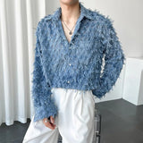 Bonsir Men's Autumn Tassel Feather See-Through Sexy Shirt New Trendy Nightclub Style Loose Lapel Long-Sleeved Simple Solid Shirt