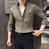 BONSIR  -  Spring Autumn Stretchable Men Shitrs Stand Collar Single-breasted Long Sleeve Men's Striped Shirt Fashion Handsome Streetwear