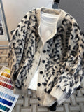 BONSIR  -  Loose Fit Leopard Print Cardigan Sweater Men's American Sle Knitted Coat Fake Mink Spring Faion Cleanfit Knitwear
