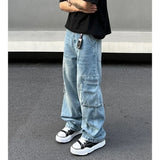 Bonsir Y2K Fashion Multi Pockets Washed Blue Baggy Jeans Cargo Pants For Men Vintage Clothes Straight New Denim Trousers