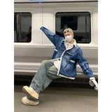 BONSIR  -  autumn and winter new American denim lamb wool warm jacket for men and women winter graffiti design cotton jacket top