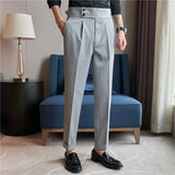 Bonsir British Style Autumn New Men High Waist Suit Pants Belt Design Slim Fit Social Trousers Formal Business Office High Quality Pant