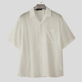 BONSIR  -  Men Shirt Lapel Short Sleeve Summer Loose Casual Tops Streetwear Shirts 2025 Patchwork See Through Stylish Men Clothing