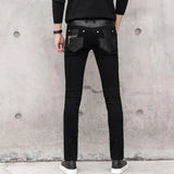 Bonsir Men Black Faux Leather Pants Slim Fit Denim Stitching PU Riding Leather Pant High Quality Fashion Men Jeans Streetwear