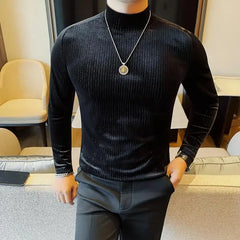 Bonsir Autumn Winter Saddle Shoulder Corduroy T Shirts Korean Luxury All Match Elastic Stripe Slim Fit Men's Long Sleeve Tees