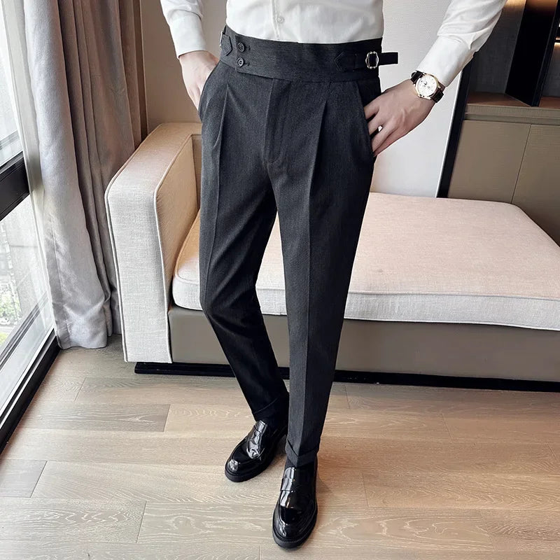 Bonsir Autumn Winter High Waist Business Dress Pants Men Casual Belt Design Slim Suit Pants Formal Wedding Social Party Male Trousers