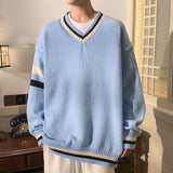 BONSIR  -  Preppy V-neck Sweater for Men Couples Pullovers Ins Knitted Top Autumn Korean Trendy Loose-fit Line Clothes for Students Youth