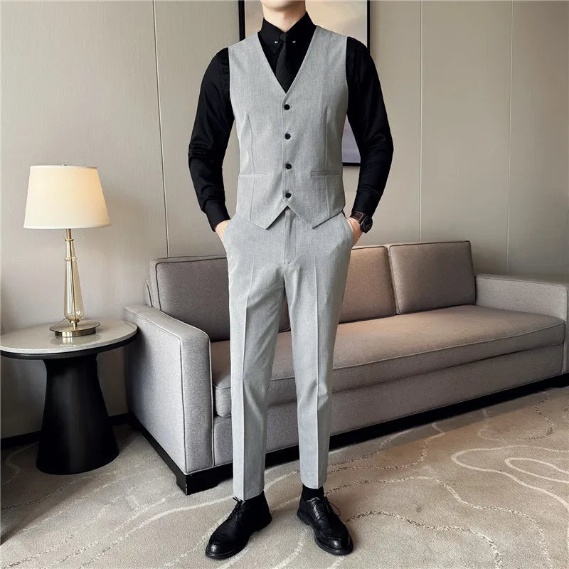 Bonsir 7XL ( Vest + Pants) Men Luxury Fashion Business Slim Single-breasted Men Suit Vest 2 pieces Formal Groom Wedding Dress Vest Set