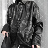 Bonsir Vintage Harajuku Blouses Men Satin Shirt Dragon Totem Print Streetwear Button Up Long Sleeve Shirts Chinese Style Tops Unisex