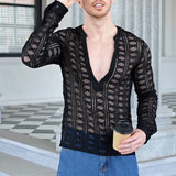 BONSIR  -  Casual Shirt Men Mesh Shirt Men Shirt Shirt Beach Club Daily Male Slim Fit Spring Summer V-neck Black Cotton Blend