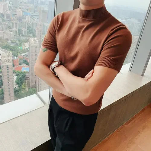 Bonsir Plus Size 4XL-M Autumn Men Half Turtleneck Short Sleeved Knitted Sweater Men Slim Elastic Solid Casual Pullovers Streetwear