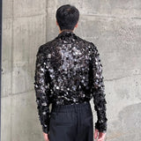 Bonsir Elgance Men's Long Sleeve T-shirts Autumn Trend Sequin Standing Neck Slim Male Tee Fashion Personality 2024 Autumn New