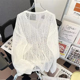 BONSIR  -  Men V-neck Long Sleeve Knit Shirts Loose Elastic Hollow knit Sweater T-shirt Slightly Transparent Knitted Sweaters Streetwear