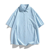 BONSIR  -  Japanese Style Checked Short Sleeve Shirts for man: comfortable & skin-friendly fabrics, Jacquard  lapel Summer Top Clothing