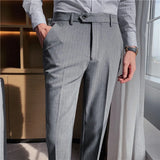 Bonsir Autumn High Quality Stripes Suit Pants Mens Business Slim Fit Solid Color Suit Pants Office Social Wedding Party Dress Pants