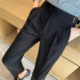 Bonsir British Style Men High Waist Casual Dress Pant Men Belt Design Slim Trousers Formal Office Social Wedding Party Dress Suit Pants