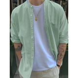 BONSIR  -  Fresh green collar striped long sleeve shirt men's casual Joker fashion street style
