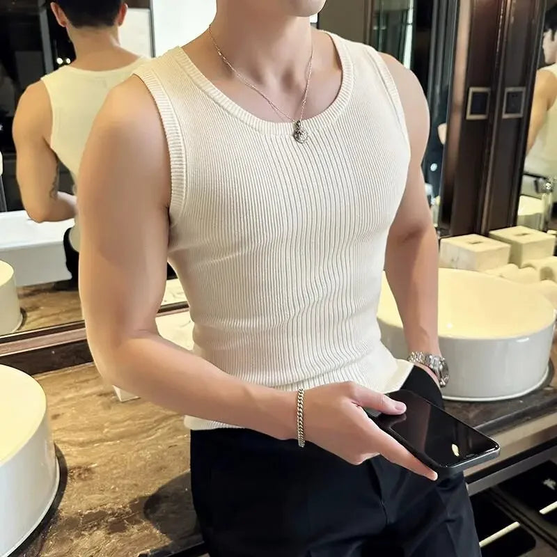 Bonsir Knitted Tank Top Men Sleeveless Tight Fit Sports T-shirt Fashion Stripe Slim Fit Versatile Round Neck Knitted Bottom Shirt Vests