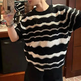 Bonsir Mens Knitted T-Shirt Black White Contrast Striped Top Streetwear Hollow Versatile Casual Short-Sleeve Tshirt Men'S Clothing