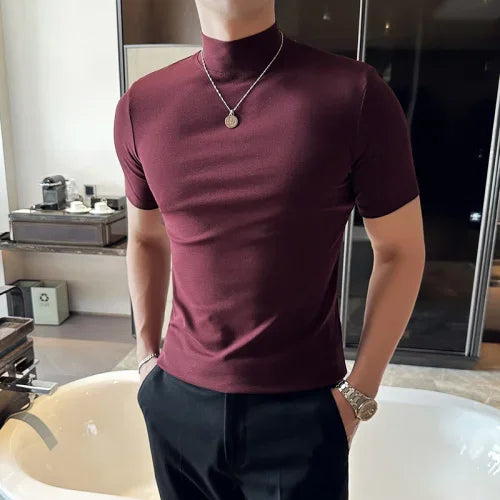 Bonsir Autumn Winter Men's Half High Neck Short Sleeve T-shirt Korean Slim Fit Solid Color Bottom Shirt Casual Cotton Elastic T-shirts