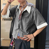 BONSIR  -  Men Shirt Summer Striped Patchwork Lapel Short Sleeve Men Clothing Streetwear Autumn 2025 Loose Korean Style Male Shirts