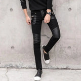 Bonsir Men Black Faux Leather Pants Slim Fit Denim Stitching PU Riding Leather Pant High Quality Fashion Men Jeans Streetwear