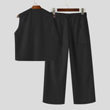 BONSIR  -  Men Sets Solid Color V Neck Sleeveless Vests & Pleated Pants Two Pieces Sets Streetwear Loose 2025 Men's Casual Suits