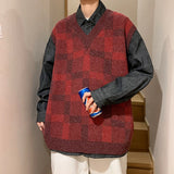 BONSIR  -  Sweater Vest Men Autumn V-neck Japanese Vintage Plaid College Knitted Fashion Loose All-match Ins Sleeveless Pullover Clothing