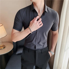 Bonsir 6 Colors Summer Ice Silk No Trace High Elasticity Shirt Men High Quality Short Sleeve Slim Fit Casual Business Dress Shirt 4XL-M