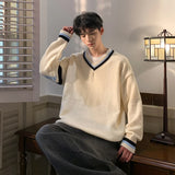 BONSIR  -  Preppy V-neck Sweater for Men Couples Pullovers Ins Knitted Top Autumn Korean Trendy Loose-fit Line Clothes for Students Youth