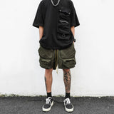 Bonsir Mens Clothing Summer New Fashion Street Retro Army Green Drawstring Functional Pocket Loose Casual Cargo Shorts for Men