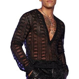 Bonsir Mens T-Shirt Fishnet See-Through Sexy T-Shirt Nightclub Party Streetwear Fashion Shaping V-Neck Long Sleeve Top Men'S Clothing