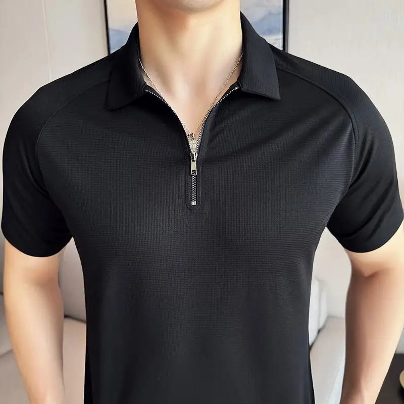 Bonsir Summer Waffle Ice Silk Solid Men Polo Shirts Fashion Zipper Design Lapel High Elasticity Casual T-shirt Streetwear 4XL-M