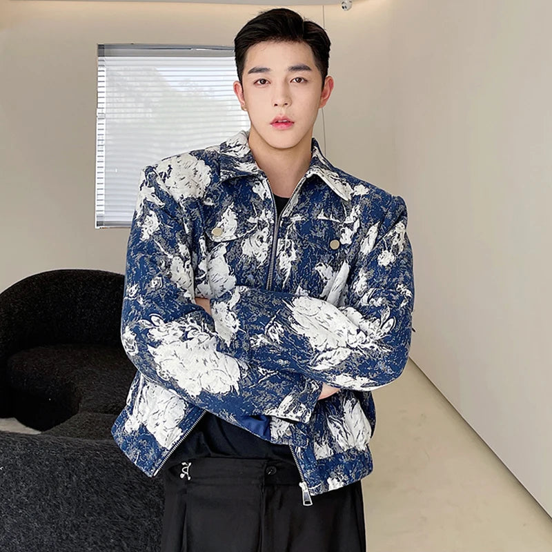 Bonsir Fashion Lapel Printed Elegant Casual Short Jacket Men's 2024 Spring Trendy High Quality Street Korean Luxury Coat