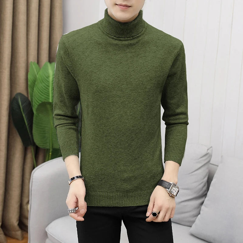 Bonsir Fall/Winter Men's Turtleneck Sweater Fashion Striped Solid Color Warm Knitted Sweater Men Double Collar Slim Fit Sweaters