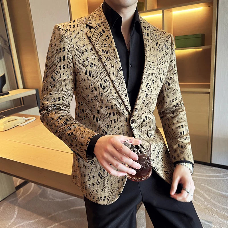 Bonsir Camouflage Grid Suit Jacket For Men New Business Casual Slim Blazer Korean Luxury High Quality Wedding Business Suit Coats