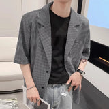 BONSIR  -  Men Plaid Blazer Lapel Half Sleeve Button Casual Suits Men Streetwear 2025 Korean Style Fashion Leisure Thin Coats S-5XL